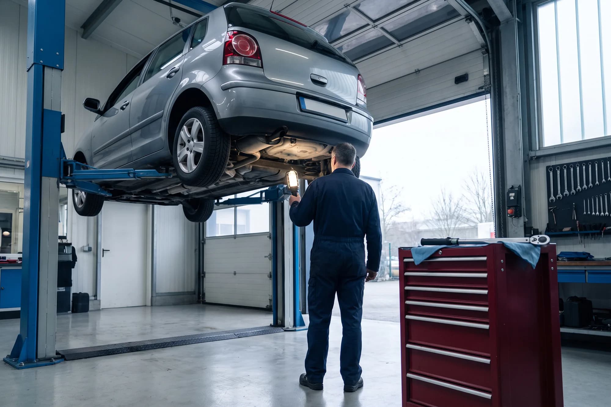 Symbolbild: PKW auf einer Hebebühne in einer aufgeräumten Autowerkstatt, ein Mechaniker prüft den Unterboden.